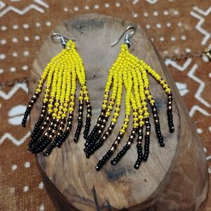 Yellow 💛 & Black 🖤 Tribal Beaded Fringe Touch Of Gold  Earrings